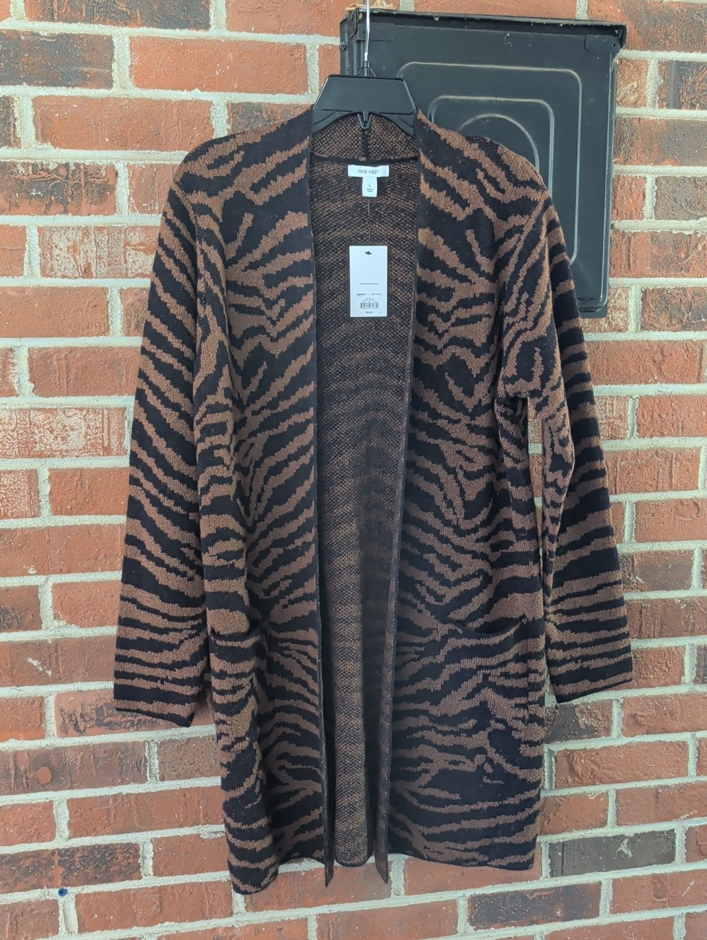Nine West  Brown and Black Zebra Print Long Open Front Cardigan Size L